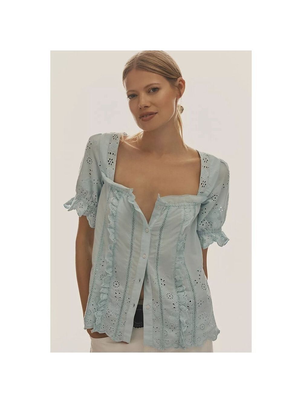 Anthropologie Light Blue Eyelet Ruffle Button-Front Blouse